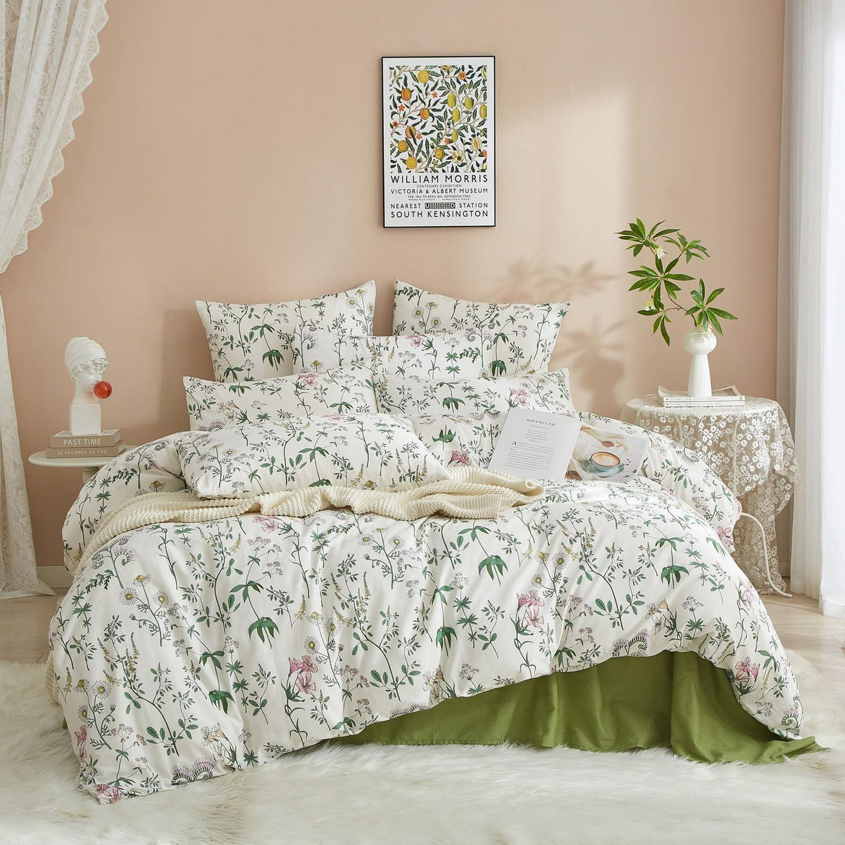 4teiliges Bettwäsche-Set Baumwolle 135x200 cm Grün Weiß Blumen