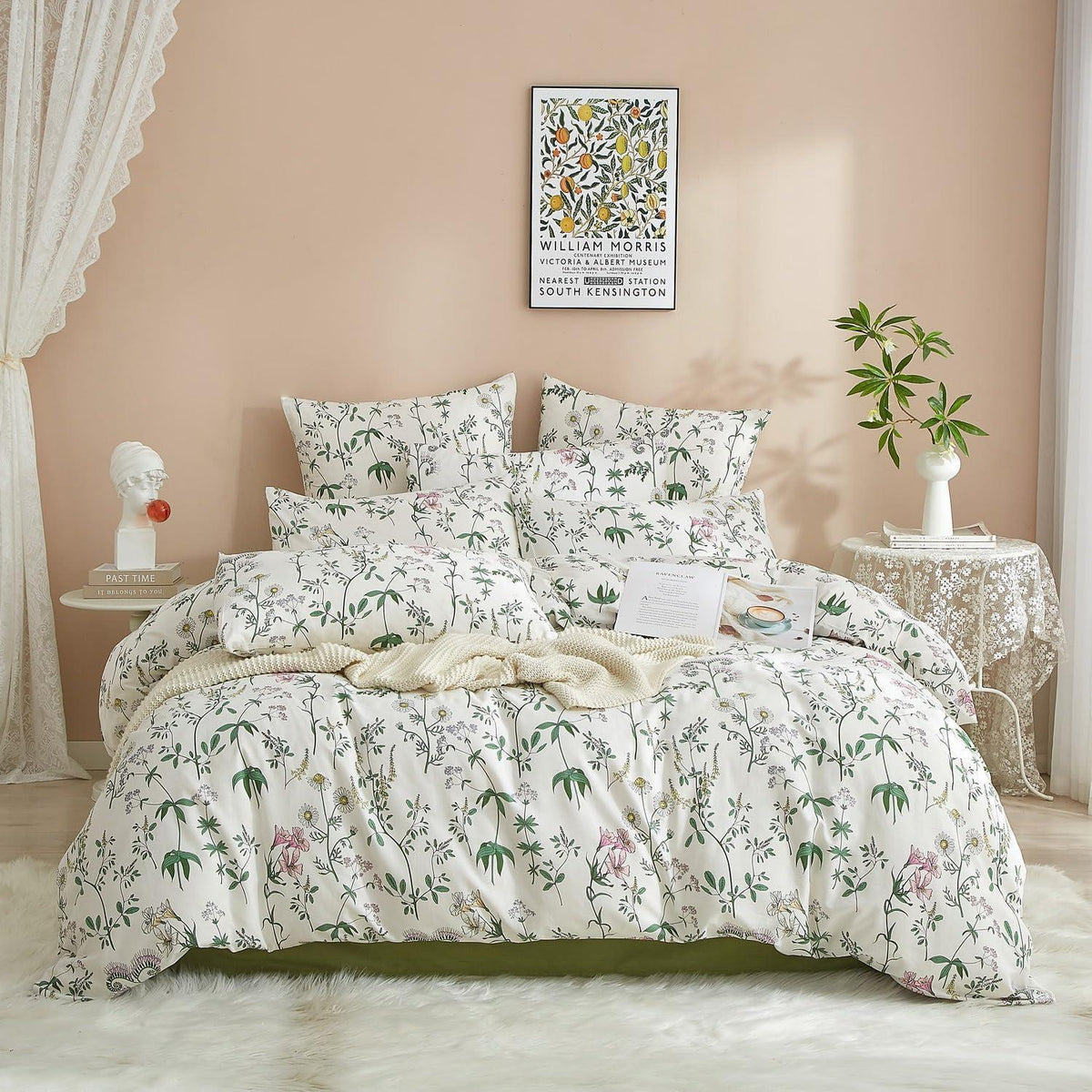 4teiliges Bettwäsche-Set Baumwolle 135x200 cm Grün Weiß Blumen