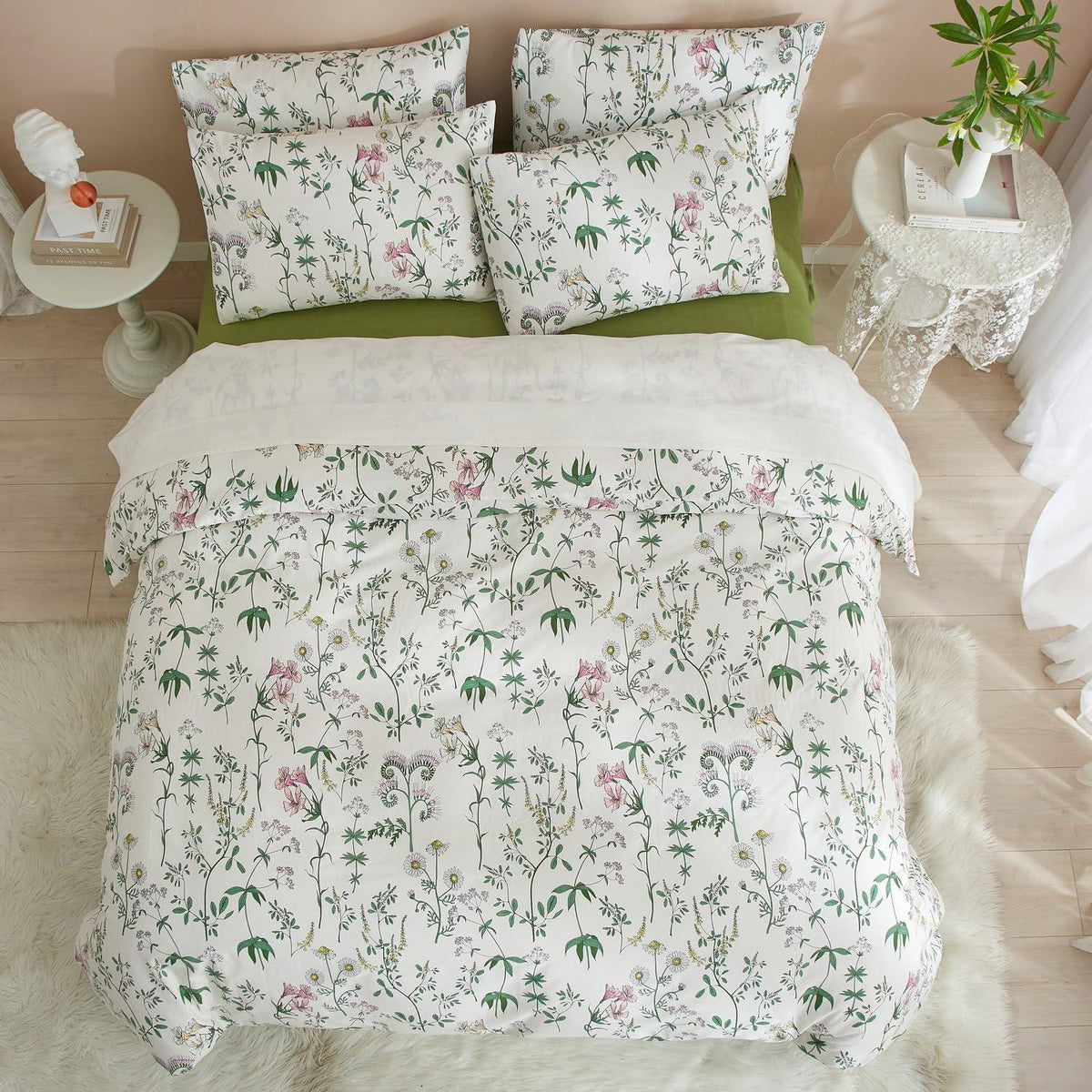 4teiliges Bettwäsche-Set Baumwolle 135x200 cm Grün Weiß Blumen