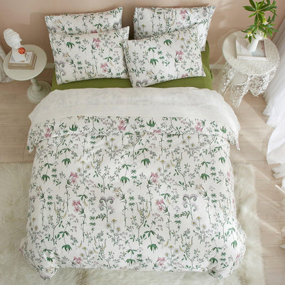 4teiliges Bettwäsche-Set Baumwolle 135x200 cm Grün Weiß Blumen