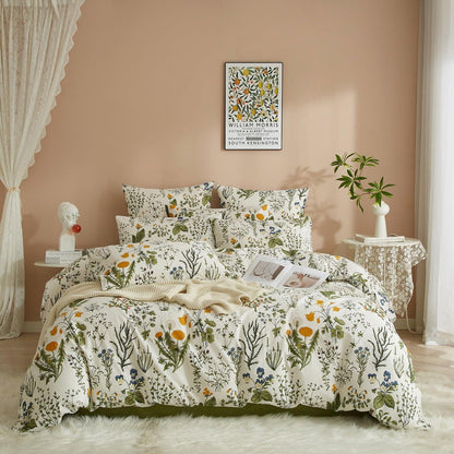 4TLG Bettwäsche-Set 135x200 cm, Grün-Weiß Blumenmuster