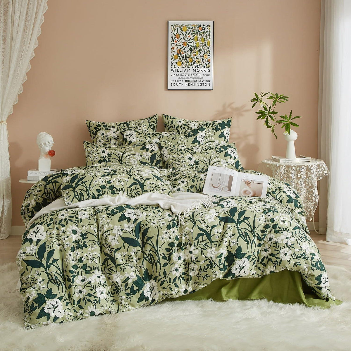Bettwäsche-Set 135x200 cm, Baumwolle, Grün-Weiß Blumenmuster