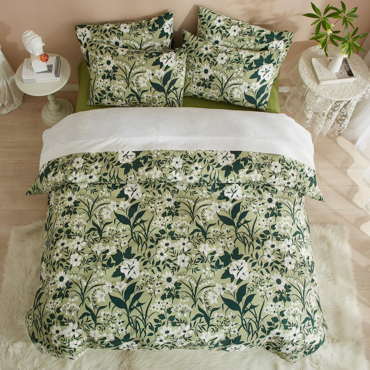 Bettwäsche-Set 135x200 cm, Baumwolle, Grün-Weiß Blumenmuster
