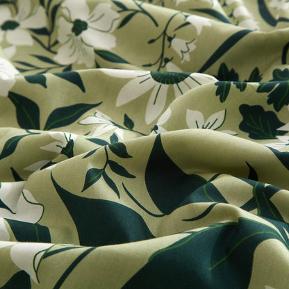 Bettwäsche-Set 135x200 cm, Baumwolle, Grün-Weiß Blumenmuster