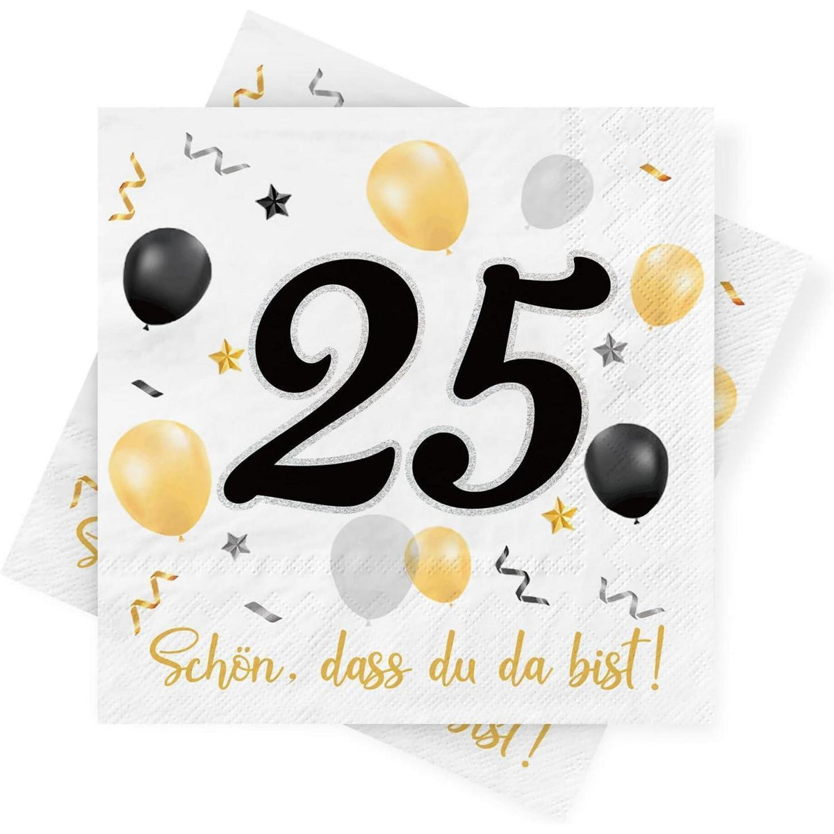 Servietten 25. Geburtstag Schwarz Gold, 30 Stück 3-lagig