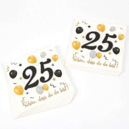 Servietten 25. Geburtstag Schwarz Gold, 30 Stück 3-lagig