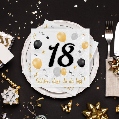 Servietten 18. Geburtstag Schwarz Gold, 30 Stück, 3-lagig