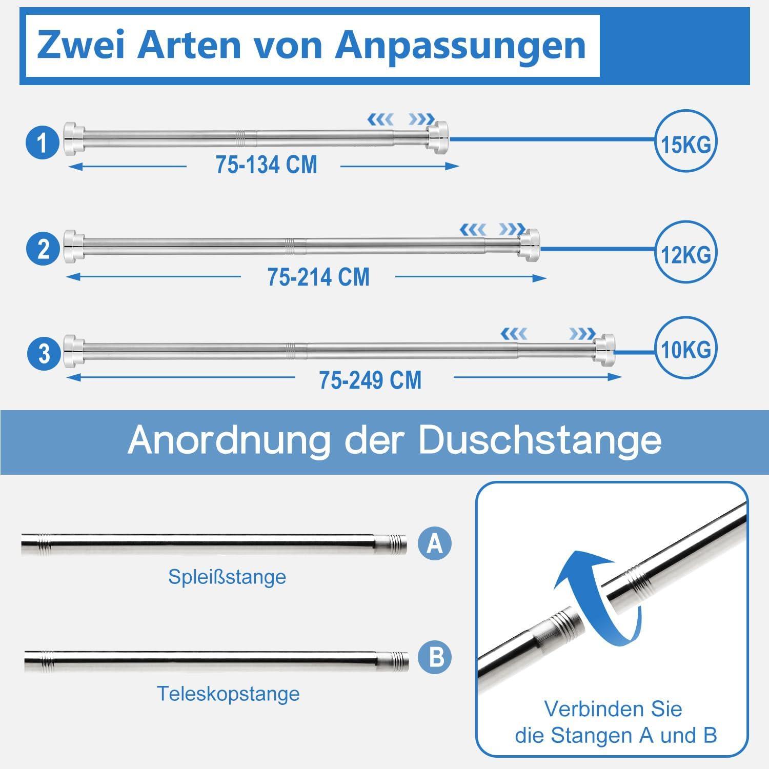 Verstellbare Teleskop Duschvorhangstange Silber 75-134CM