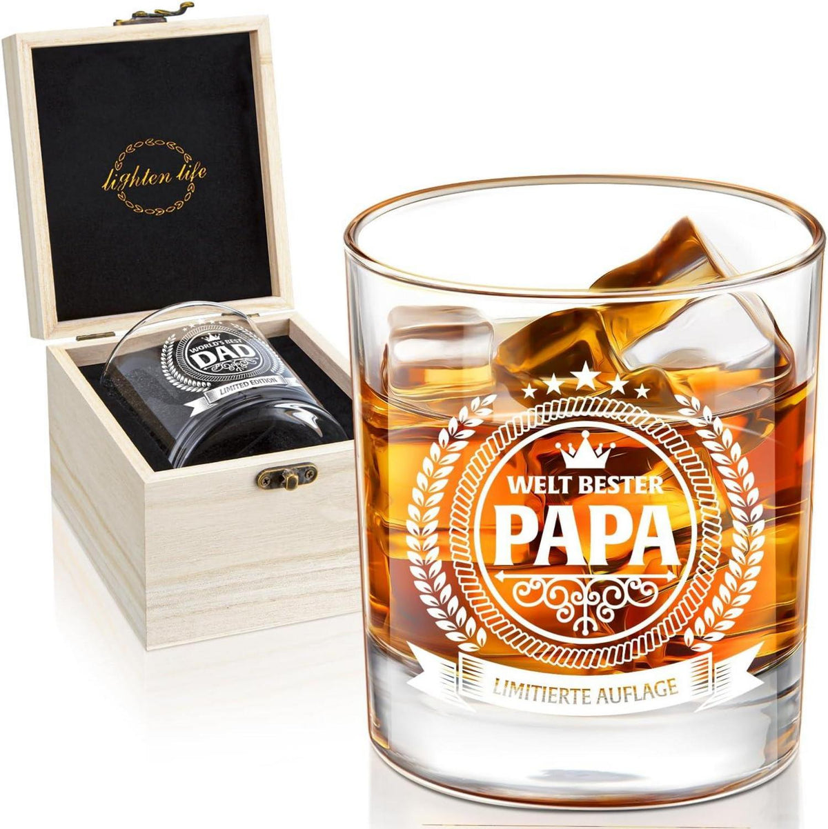 Papa-Whiskeyglas in Holzkiste, Geburtstagsgeschenk für Papa
