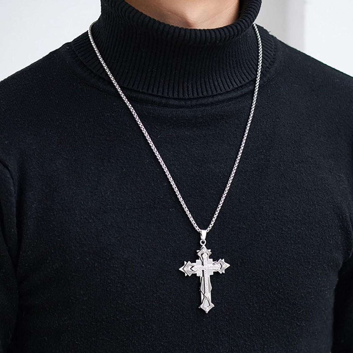Kreuz Anhänger Halskette Herren mit Zirkonia | Edelstahl Kette 60cm | 3 Farben