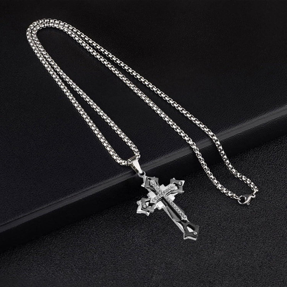 Kreuz Anhänger Halskette Herren mit Zirkonia | Edelstahl Kette 60cm | 3 Farben
