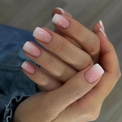 24 Stück Nägel Aufkleben Kurz Gradient Pink EckigGLOSSY Fake Nails