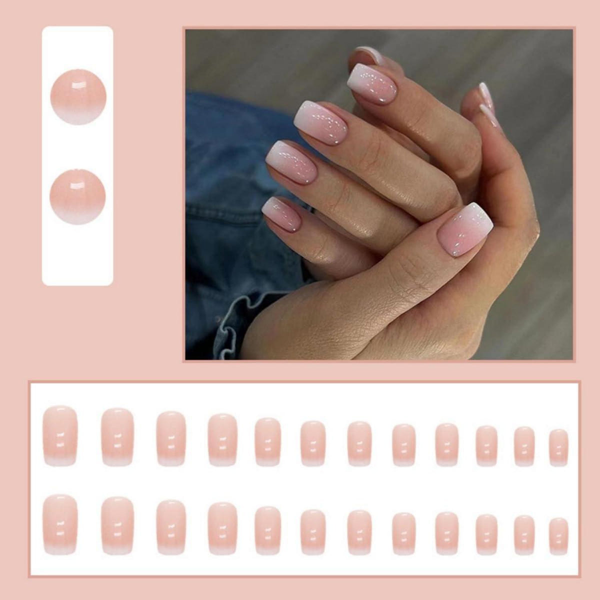 24 Stück Weiße Gradient Pink Glossy Press on Nägel 2cm French
