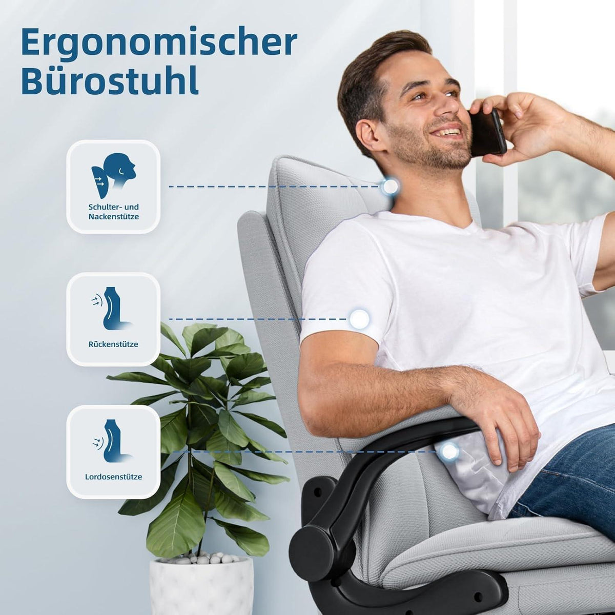 Asukale Ergonomischer Bürostuhl mit Wippfunktion höhenverstellbar bis