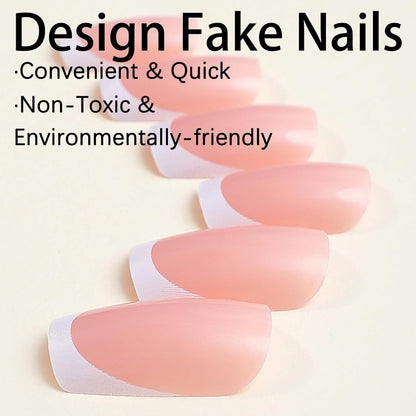 Eckige French Tip Nägel – 24 Stück, Nude Weiß, 12 Größen