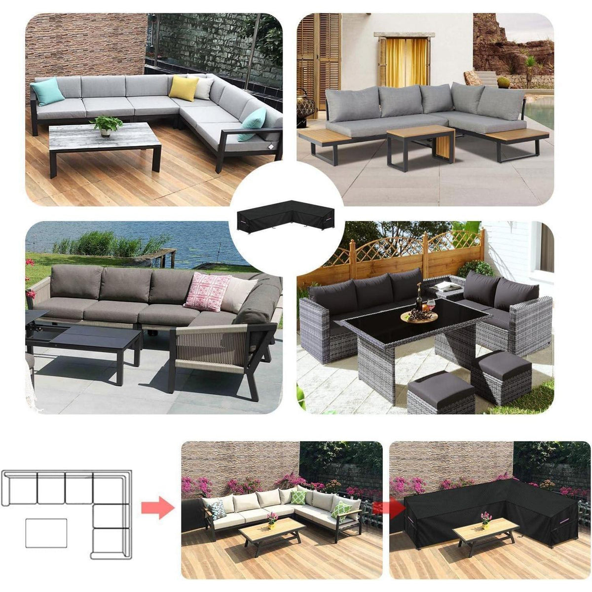 L-Form Gartenmöbel Abdeckung | Wasserdicht & Windfest | 280x190x90x80/60cm