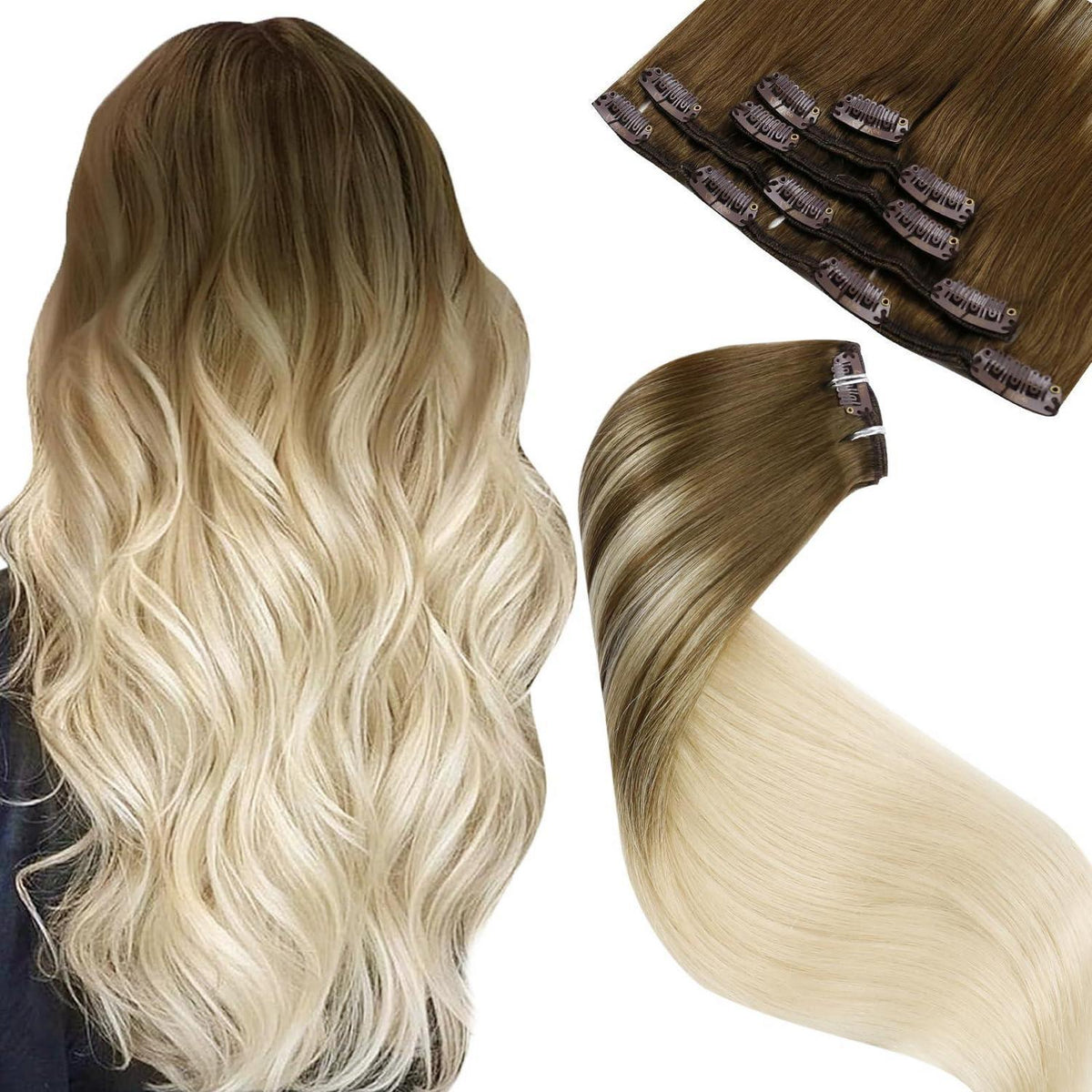 Echthaar Clip Extensions Braun Blond Ombre 45cm