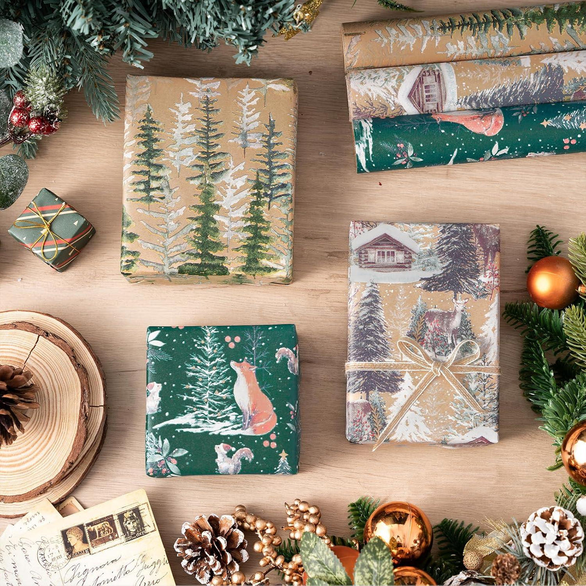 Weihnachtsgeschenkpapierrolle Kraftpapier Fuchs Rentier Weihnachtsbaum 3 Rollen 43,2x3m