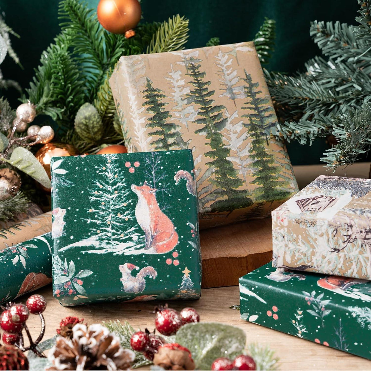 Weihnachts-Geschenkpapierrolle Kraftpapier Fuchs Rentier Baum 3er Set 43,2x3m