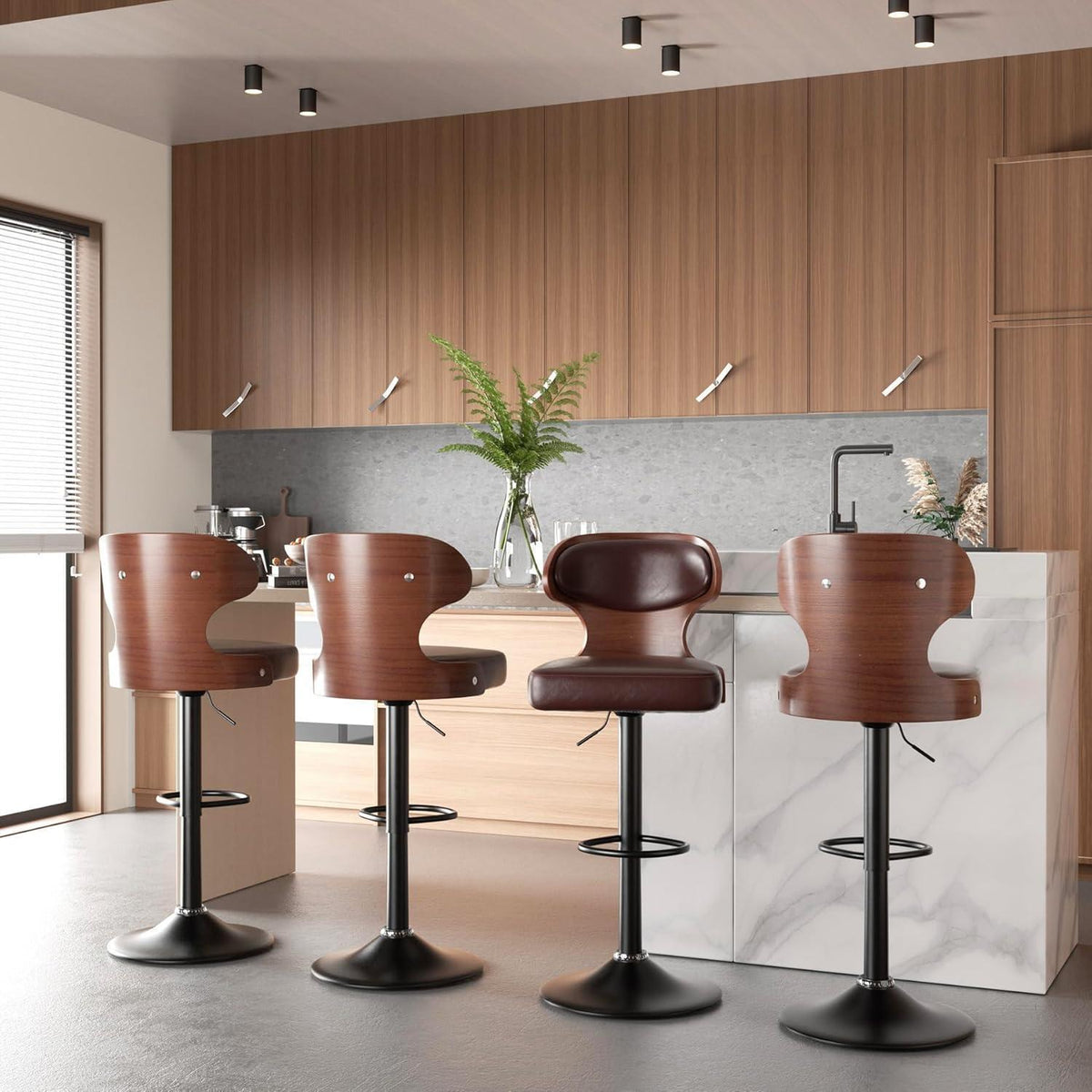 Barhocker 2er Set mit Rückenlehne und Fußstütze, drehbar, Nussbaumholz Braun