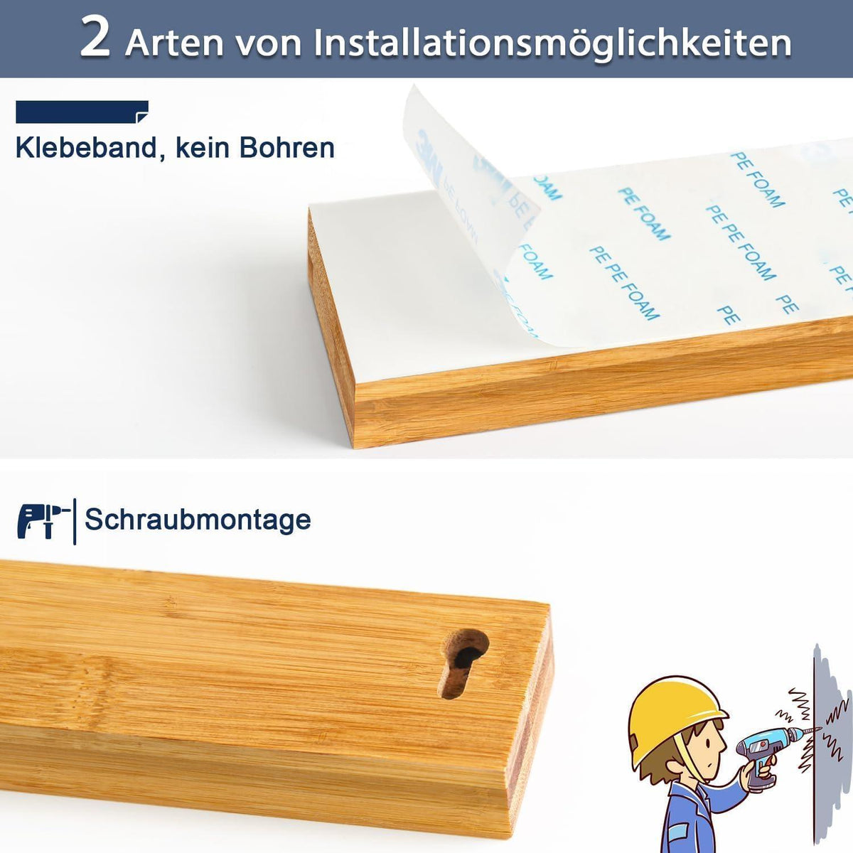 Magnetleiste Messer 40cm Bambus 2 Haken ohne Bohren Magnetisch inkl. Klebeband und Schrauben