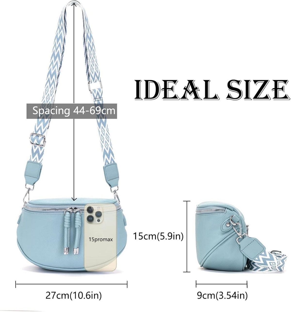 Kleine Damen Bauchtasche Hellblau Crossbody Bag Vegan Leder