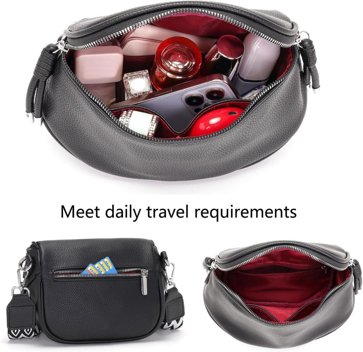 Schwarze Damen Bauchtasche Crossbody Bag Veganes Leder Umhängetasche