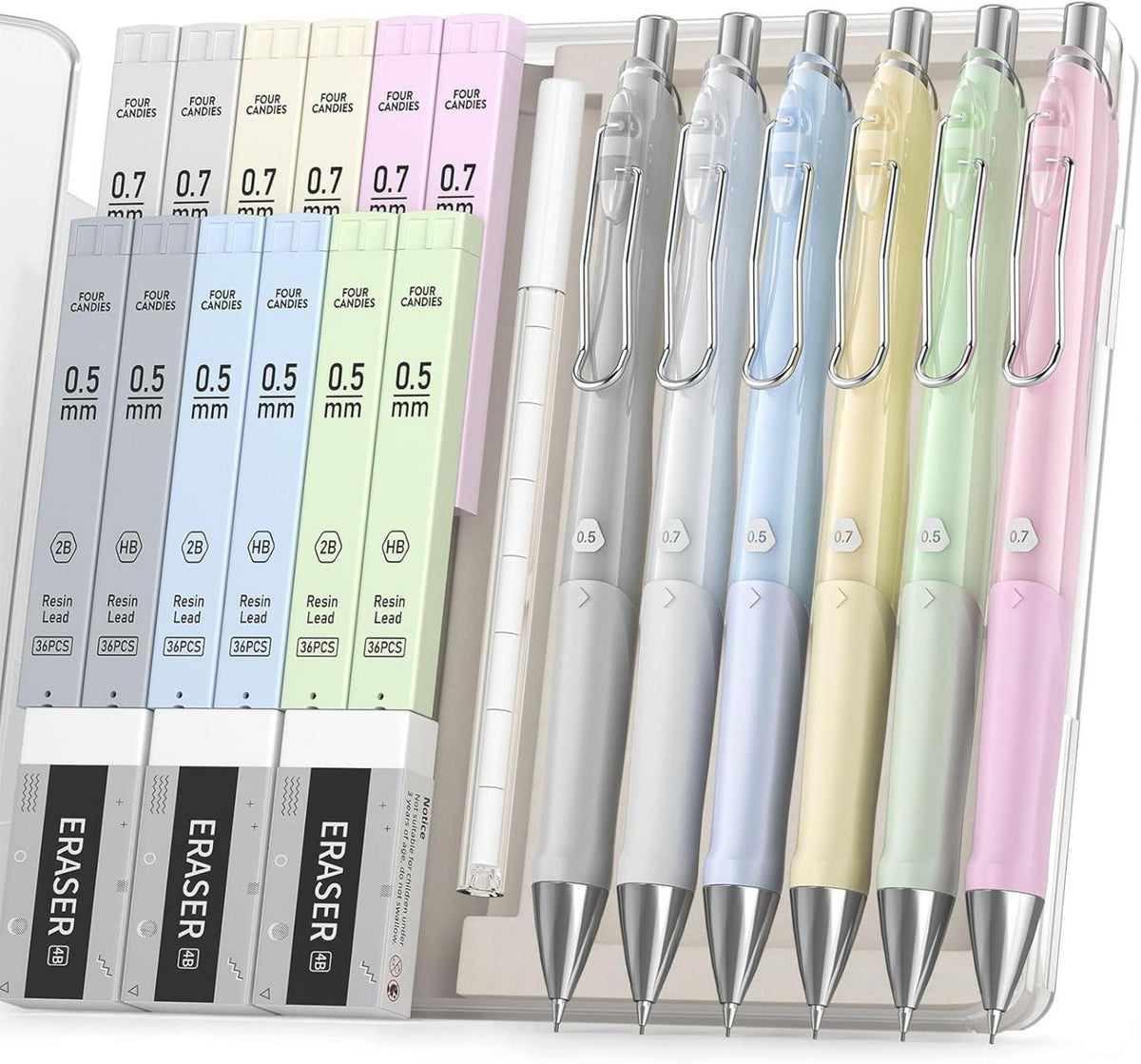 Pastell Druckbleistift Set 6PCS 0.5 & 0.7 mm mit 12 HB 2B Minen, 3