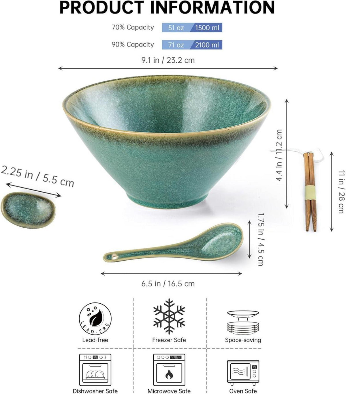 Japanische Ramen Schüssel Set aus Keramik 2L grün