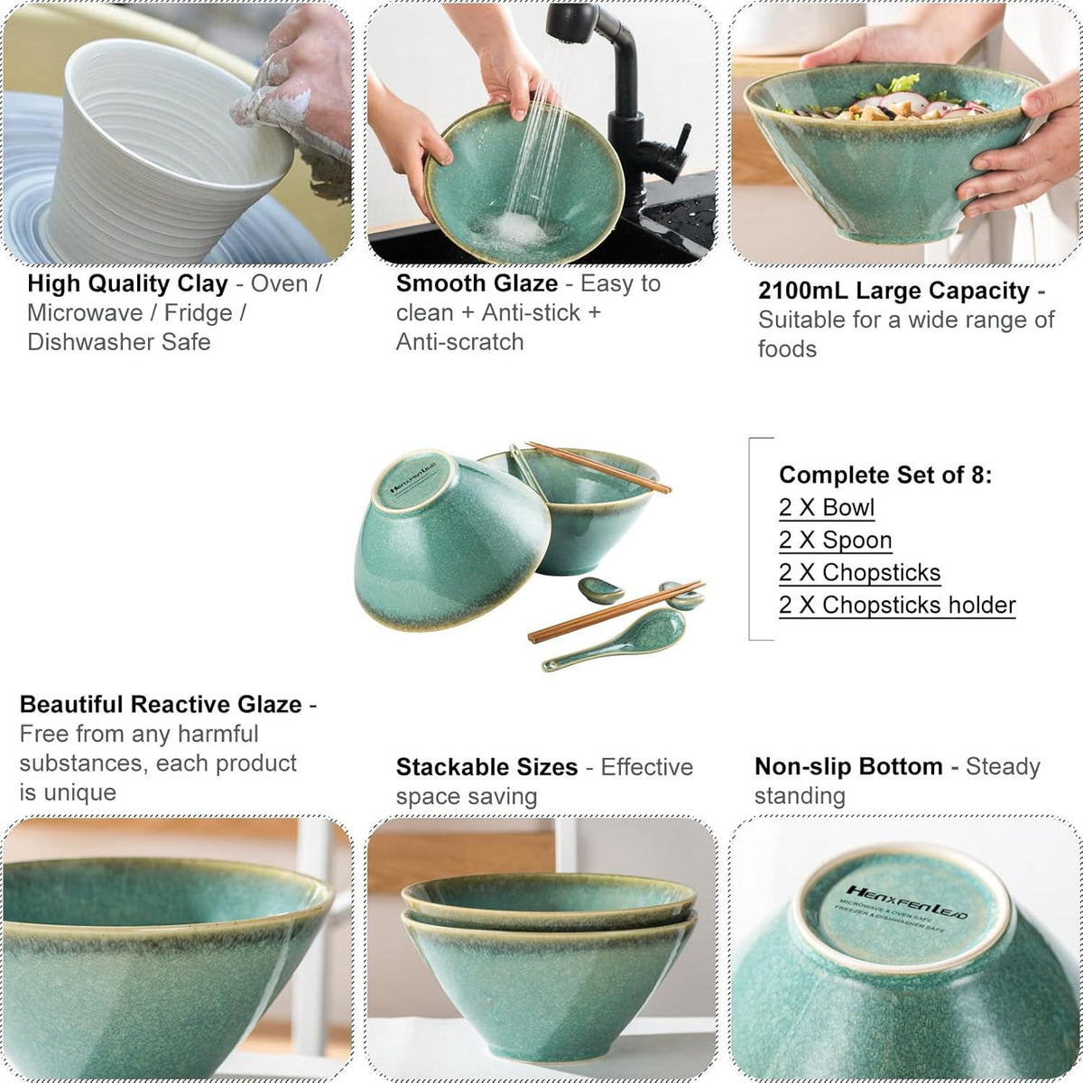 Japanisches Ramen Schüssel Set aus Keramik, 2L Grün 8-teilig