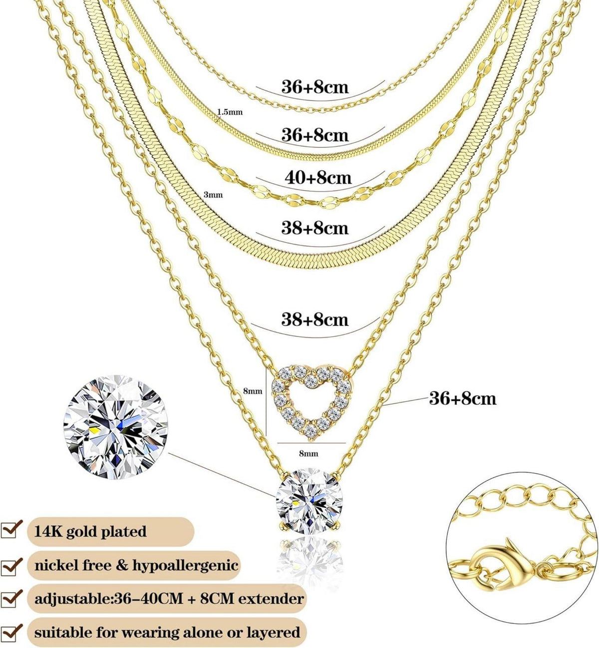 6er-Set 14K vergoldete Schlangenkette Damen Halskette Gold