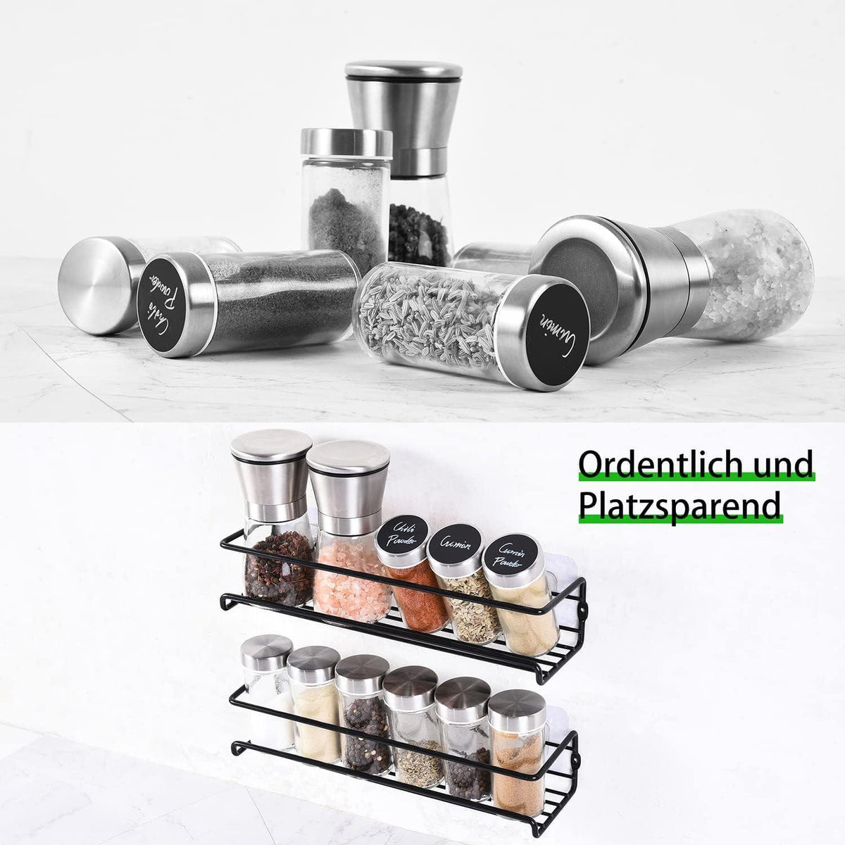2-teiliges Gewürzregal ohne Bohren mit 12 Gewürzgläsern aus Holz
