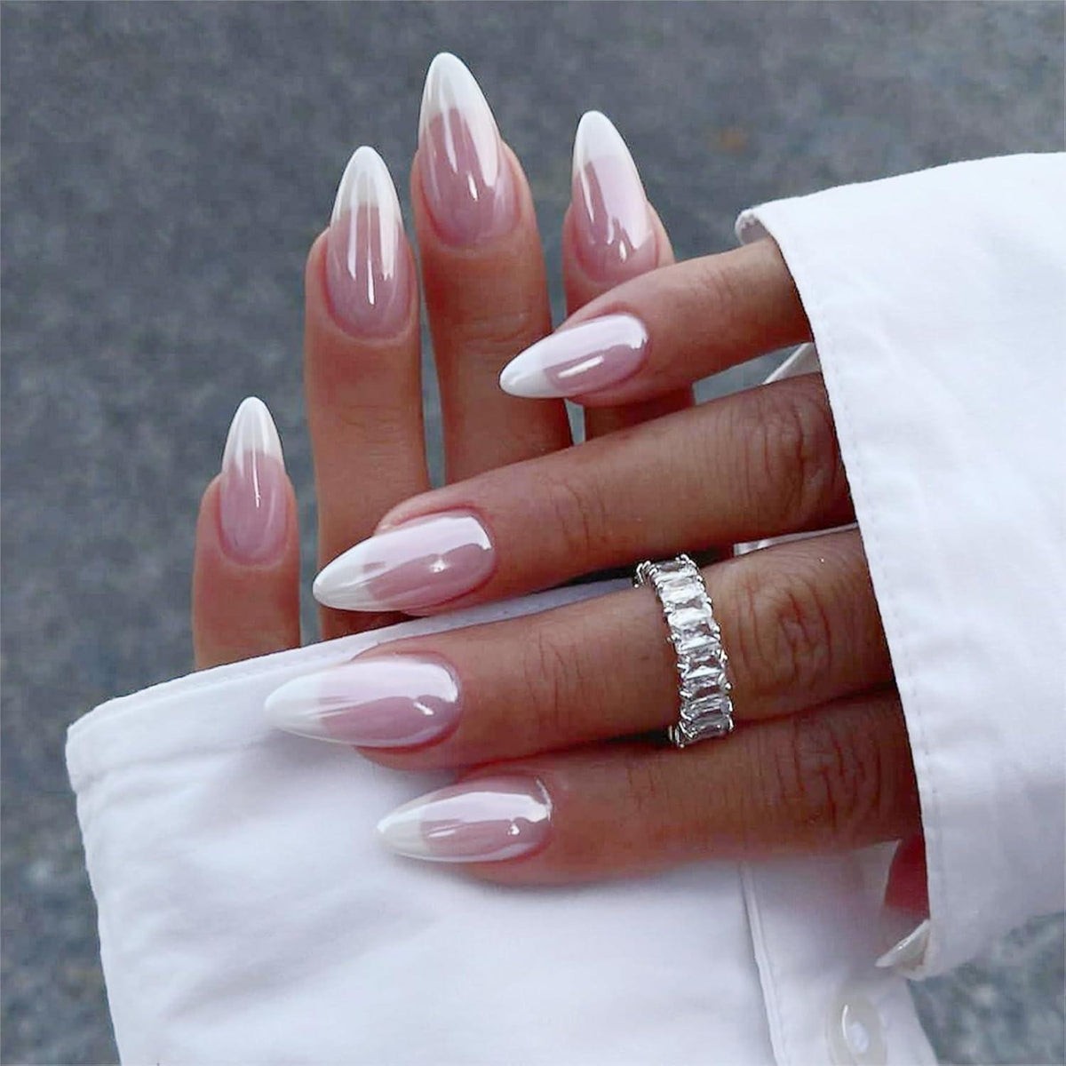 Mandel Falsch Nägel French Design Chrom Glänzend Press On Nails