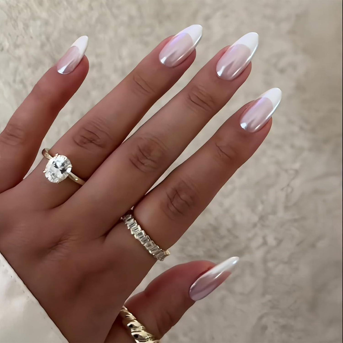 Mandel Falsch Nägel French Design Chrom Glänzend Press On Nails