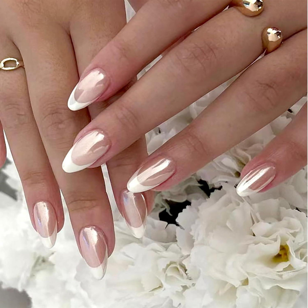 Mandel Falsch Nägel French Design Chrom Glänzend Press On Nails