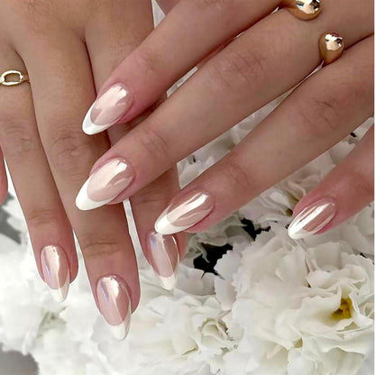 Mandel Falsch Nägel French Design Chrom Glänzend Press On Nails