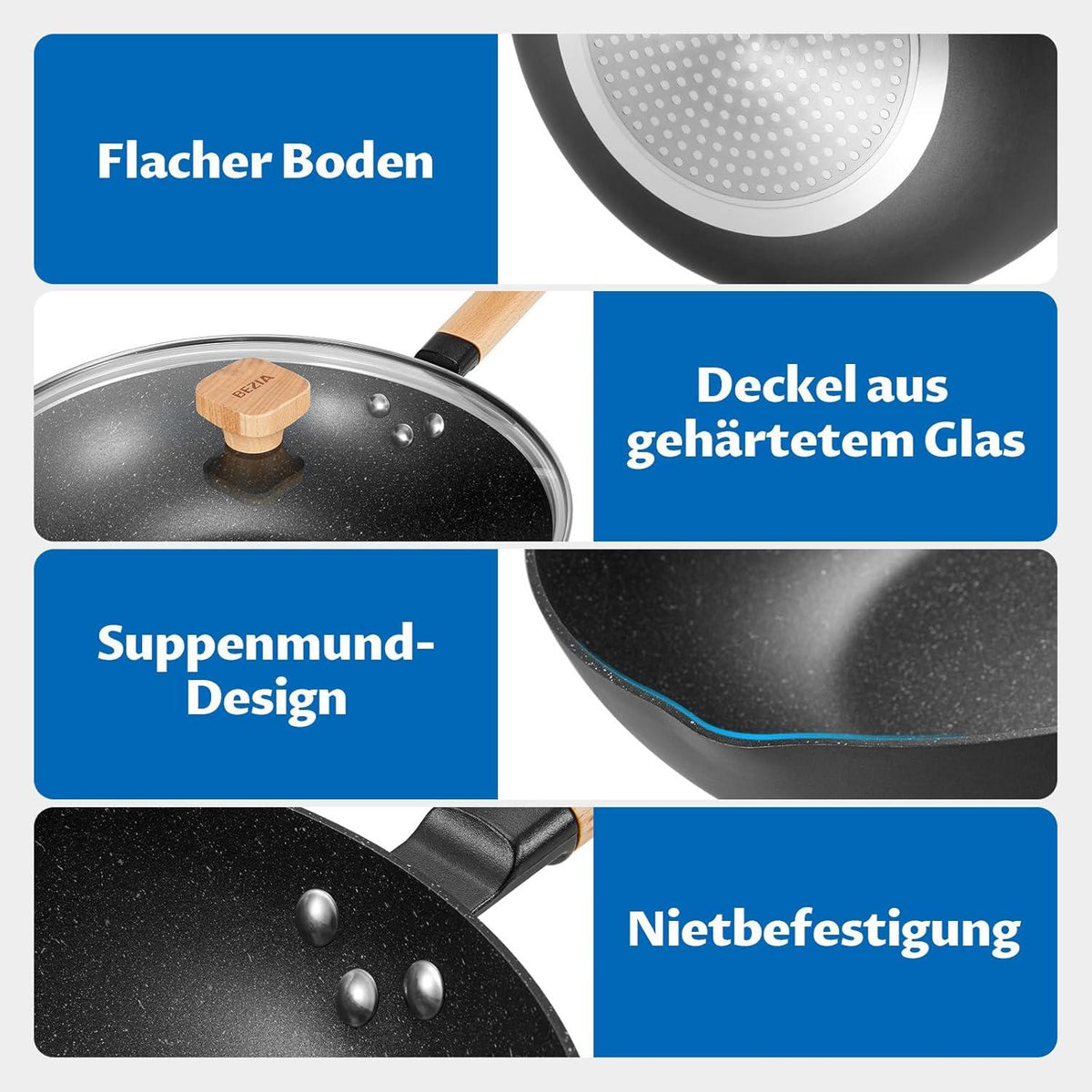 30-cm BEZIA Induktions Wok Pfanne mit Deckel, Antihaft