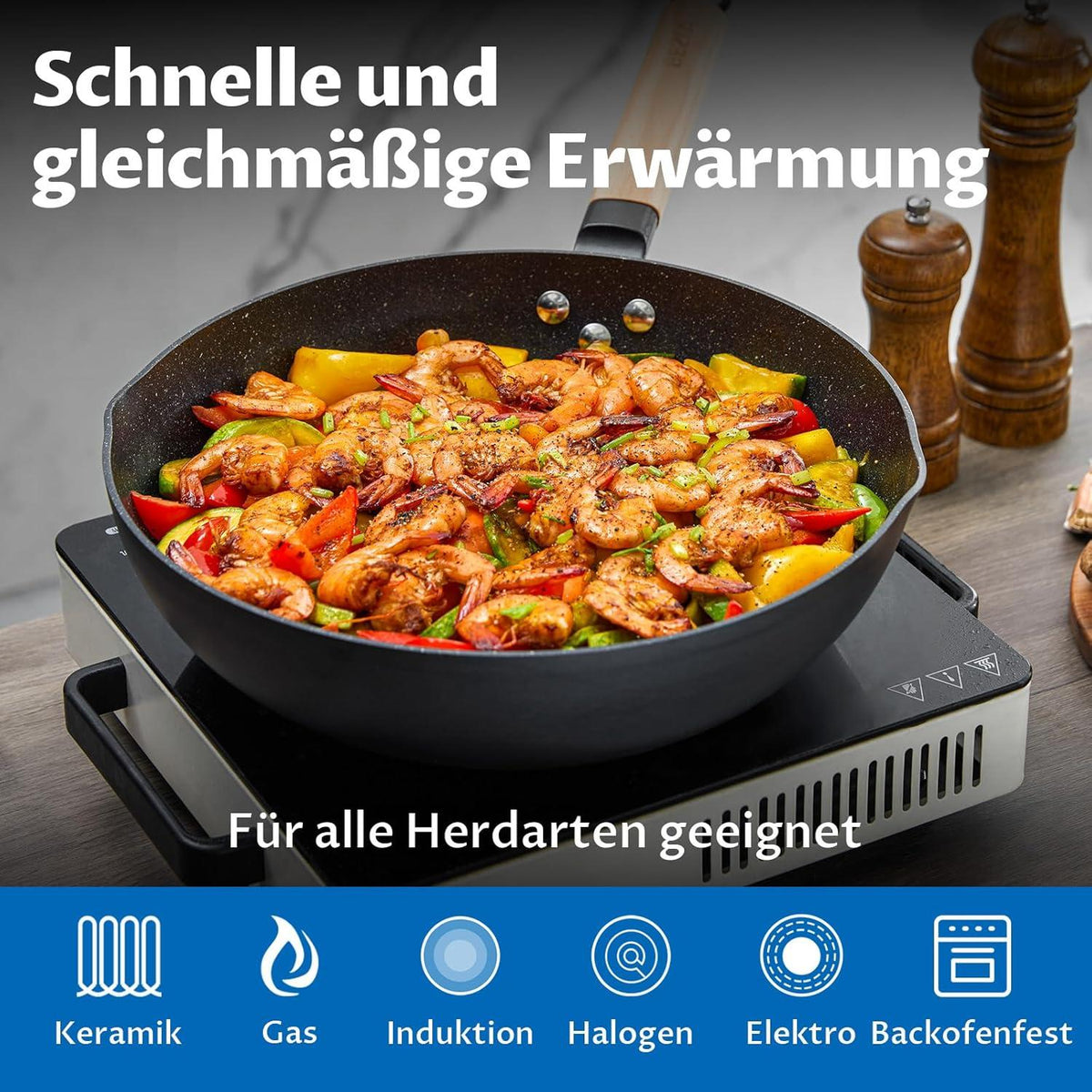 30 cm Induktions Wok Pfanne mit Deckel und Holzgriff