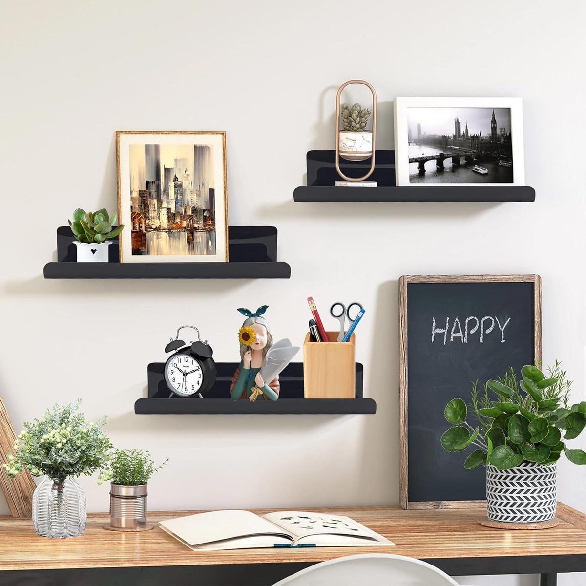 3er Set Wandregal ohne Bohren, Acryl, Schwarz, 30cm