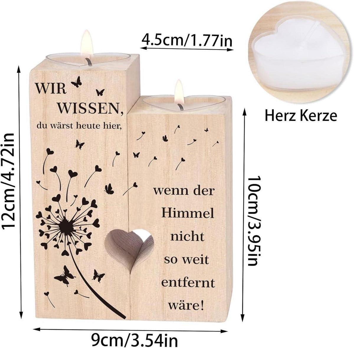 Trauergeschenk Herz Teelichthalter Holz Grabkerzen 12x10x4.5 cm