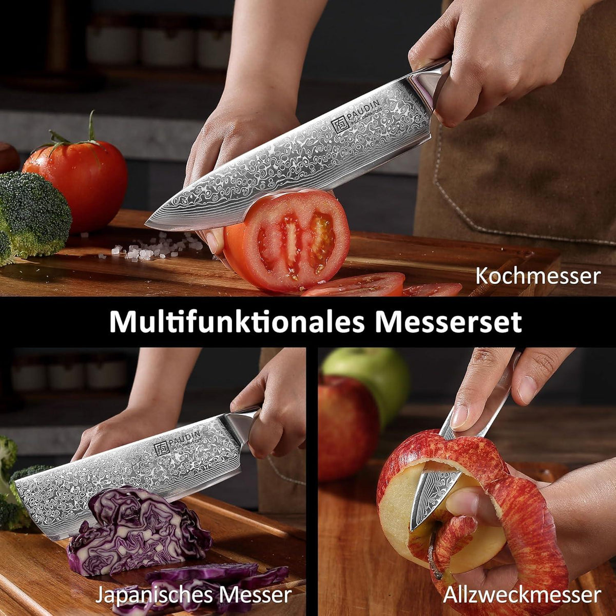 PAUDIN 3-tlg Küchenmesser Set Damastmesser VG10 G10 Griff Profi Schneidemesser