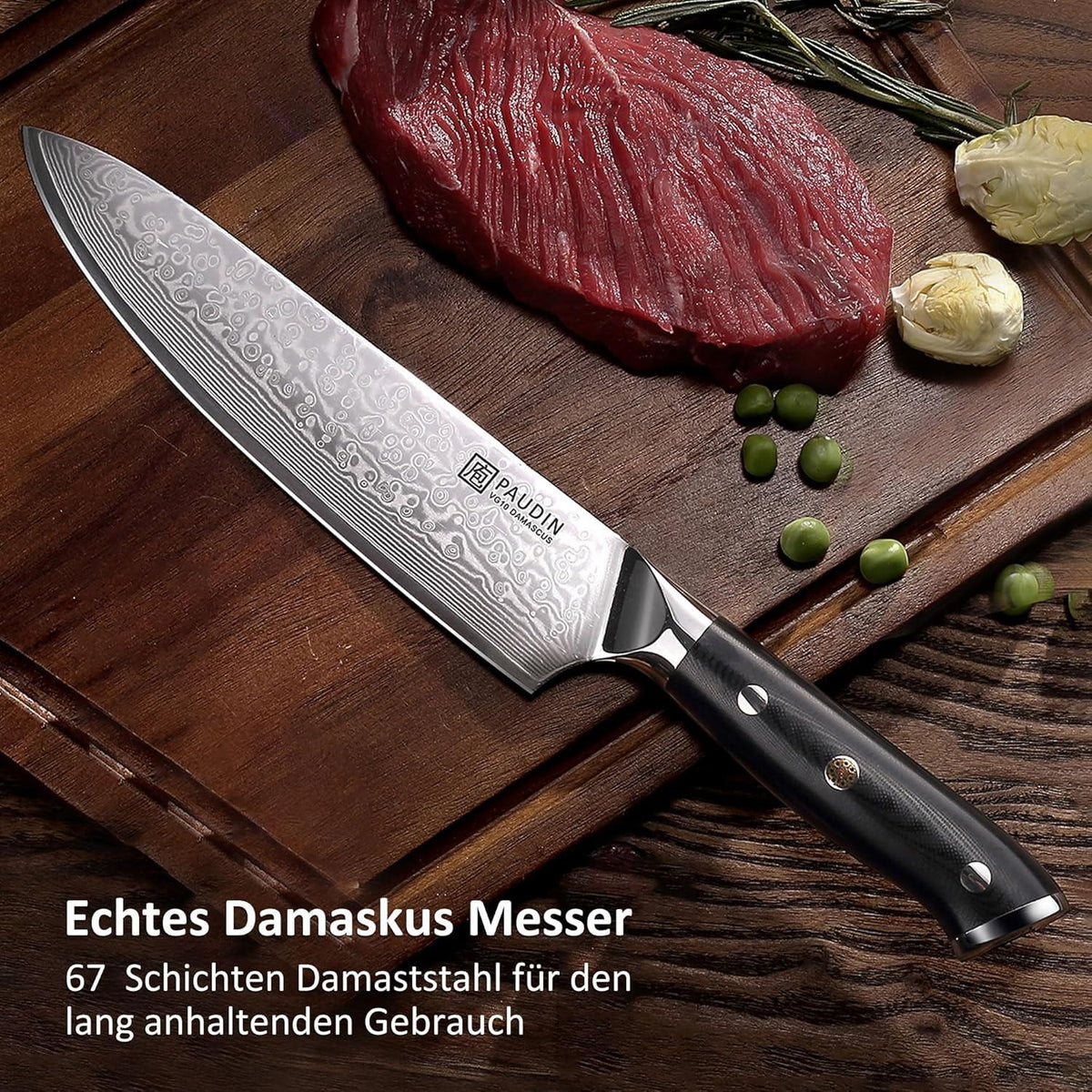 PAUDIN Damastmesser Set 67 Schichten VG10-Stahl G10-Griff 3tlg