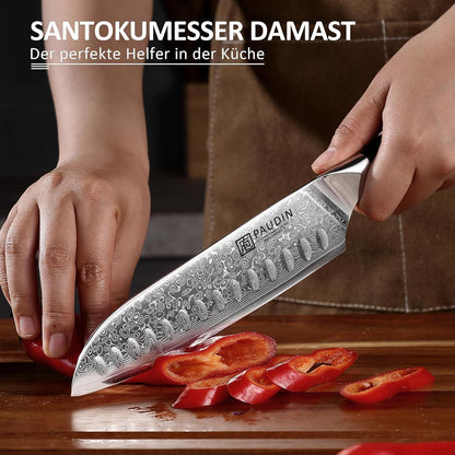 Damast-Santokumesser 17 cm | Ultra scharfes Kochmesser aus 67 Lagen Stahl