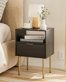 Nachttisch Schwarz Gold MDF Holz Beistelltisch 1 Schublade 1