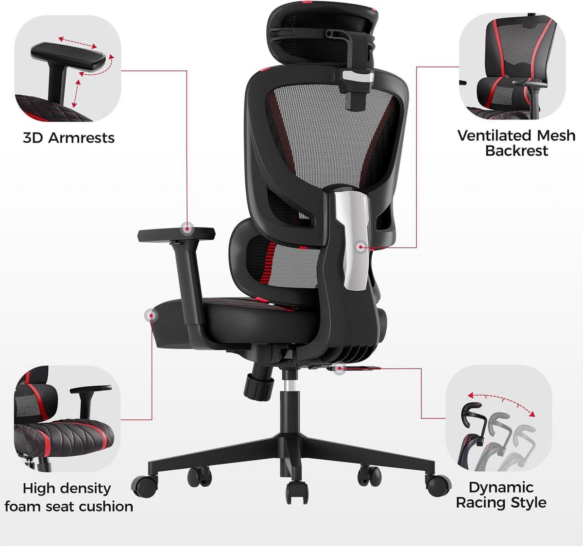 Ergonomischer Gaming Stuhl mit Lordosenstütze und Kopfstütze