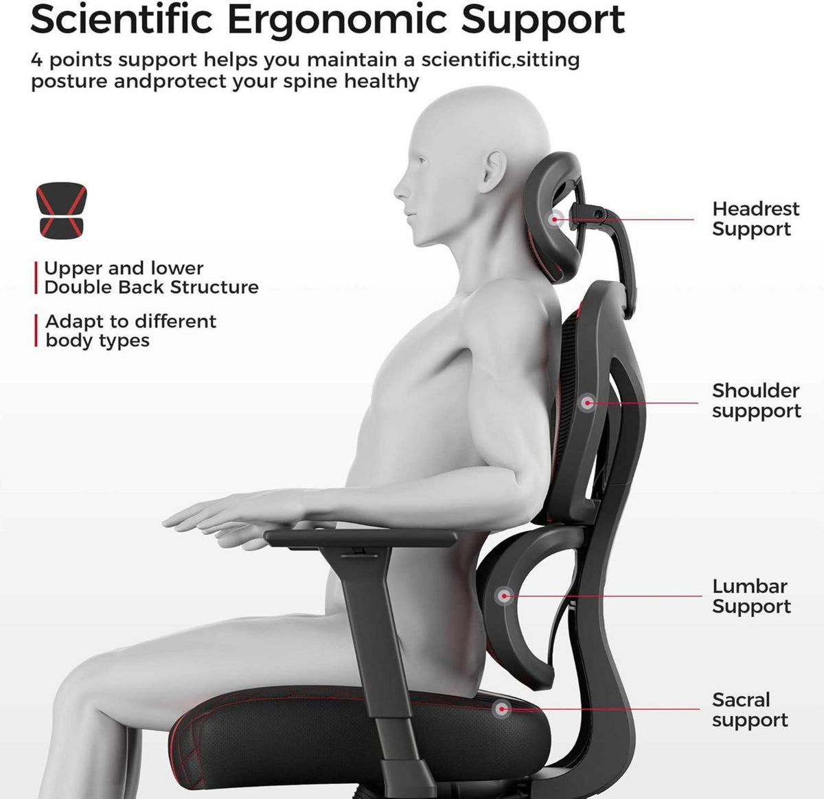 EUREKA ERGONOMIC Gaming-Stuhl Schwarz/Rot Lordosenstütze 136 KG