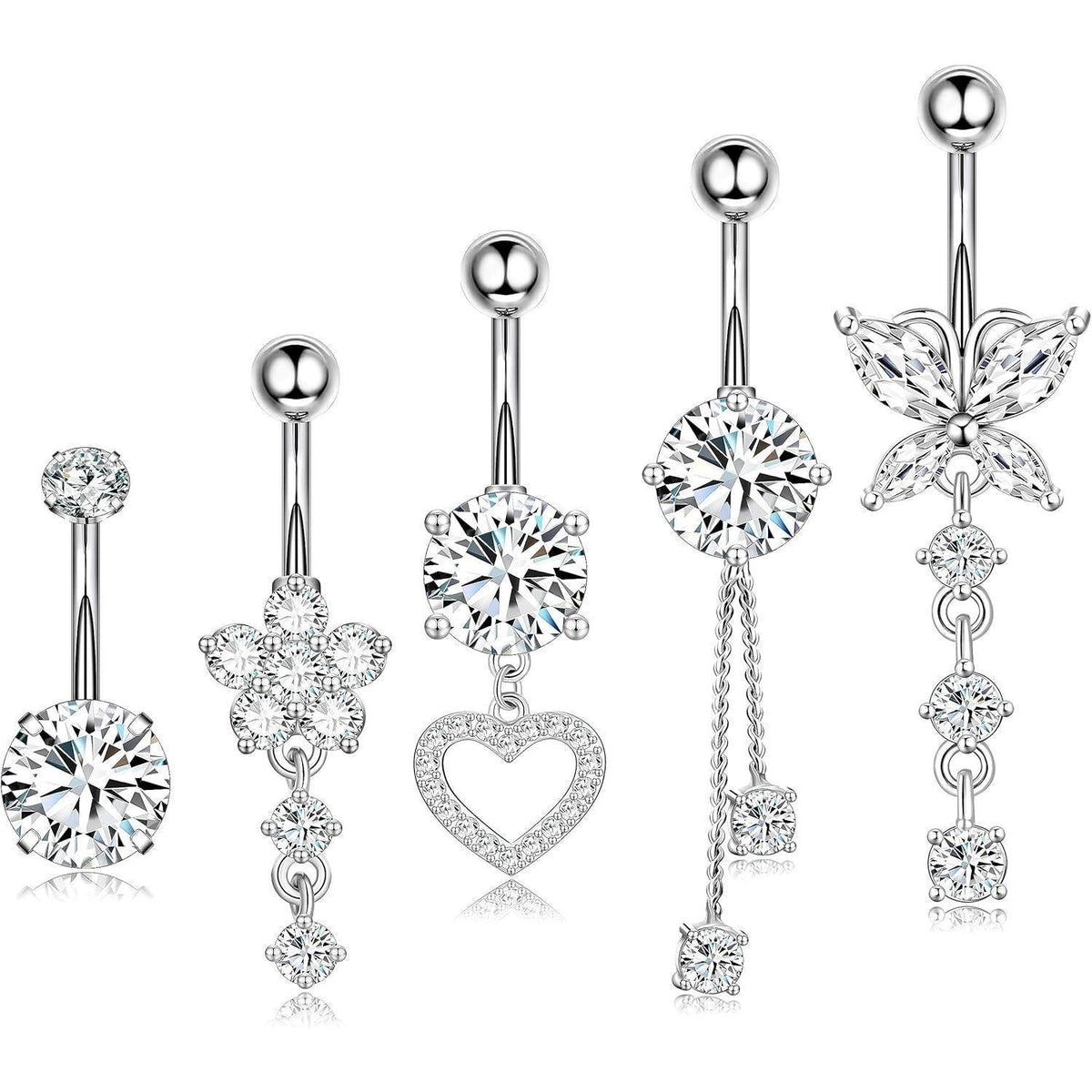 Bauchnabelpiercing Set 5 Stück Chirurgenstahl 10mm Silber Gold mit Strass