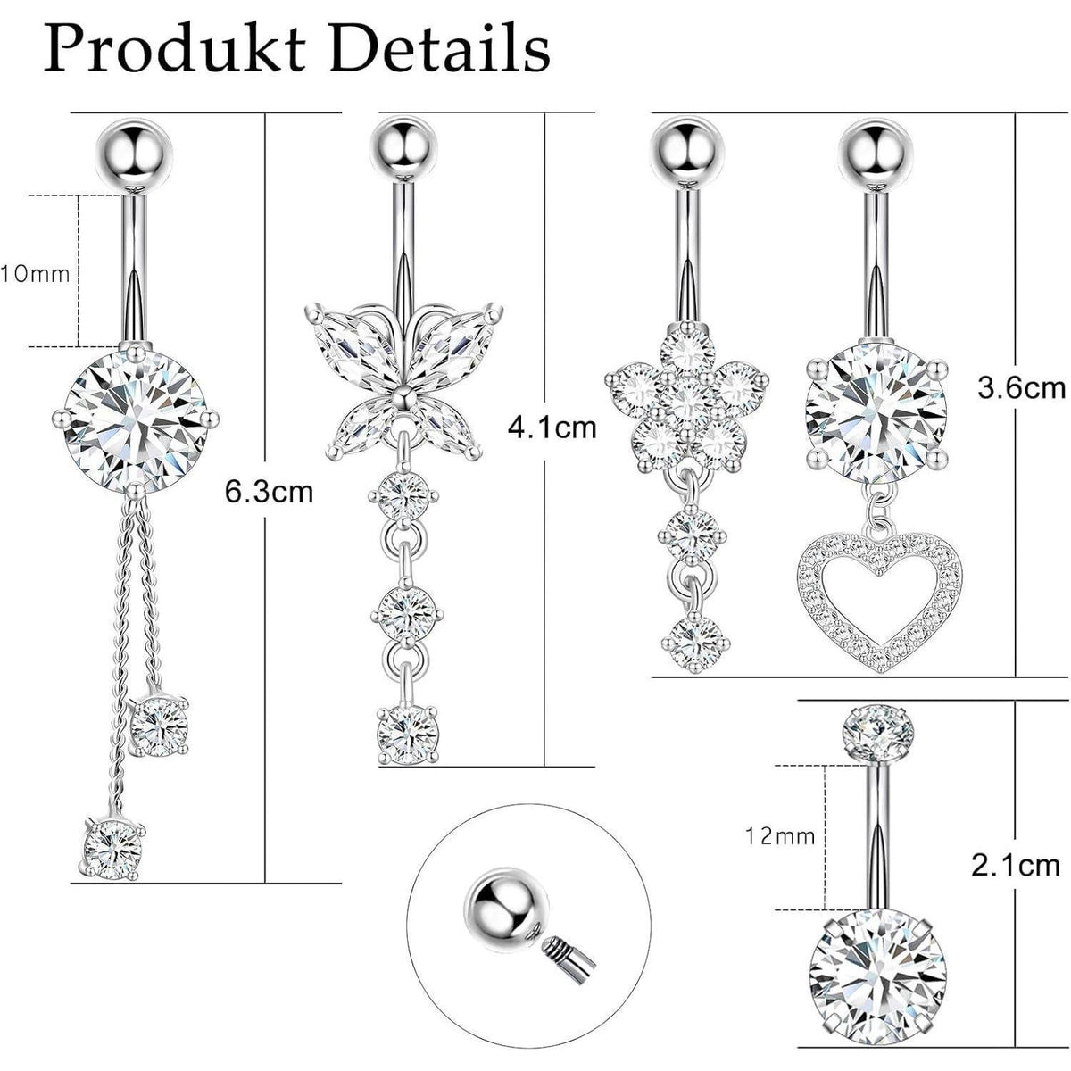 Bauchnabelpiercing Set 5 Stück Chirurgenstahl 10mm Silber Gold mit Strass