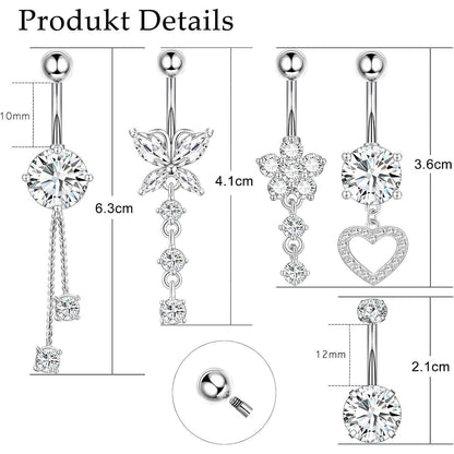 Bauchnabelpiercing Set 5 Stück Chirurgenstahl 10mm Silber Gold mit Strass