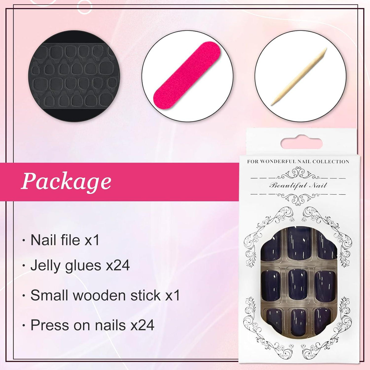 24Pcs Eckig Nägel Kurz Marineblau Acryl Künstliche Nägel Vollcover Fake Nägel